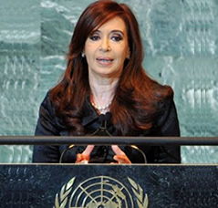 Cristina Fernández hablando ante la Asamblea General de la ONU.
